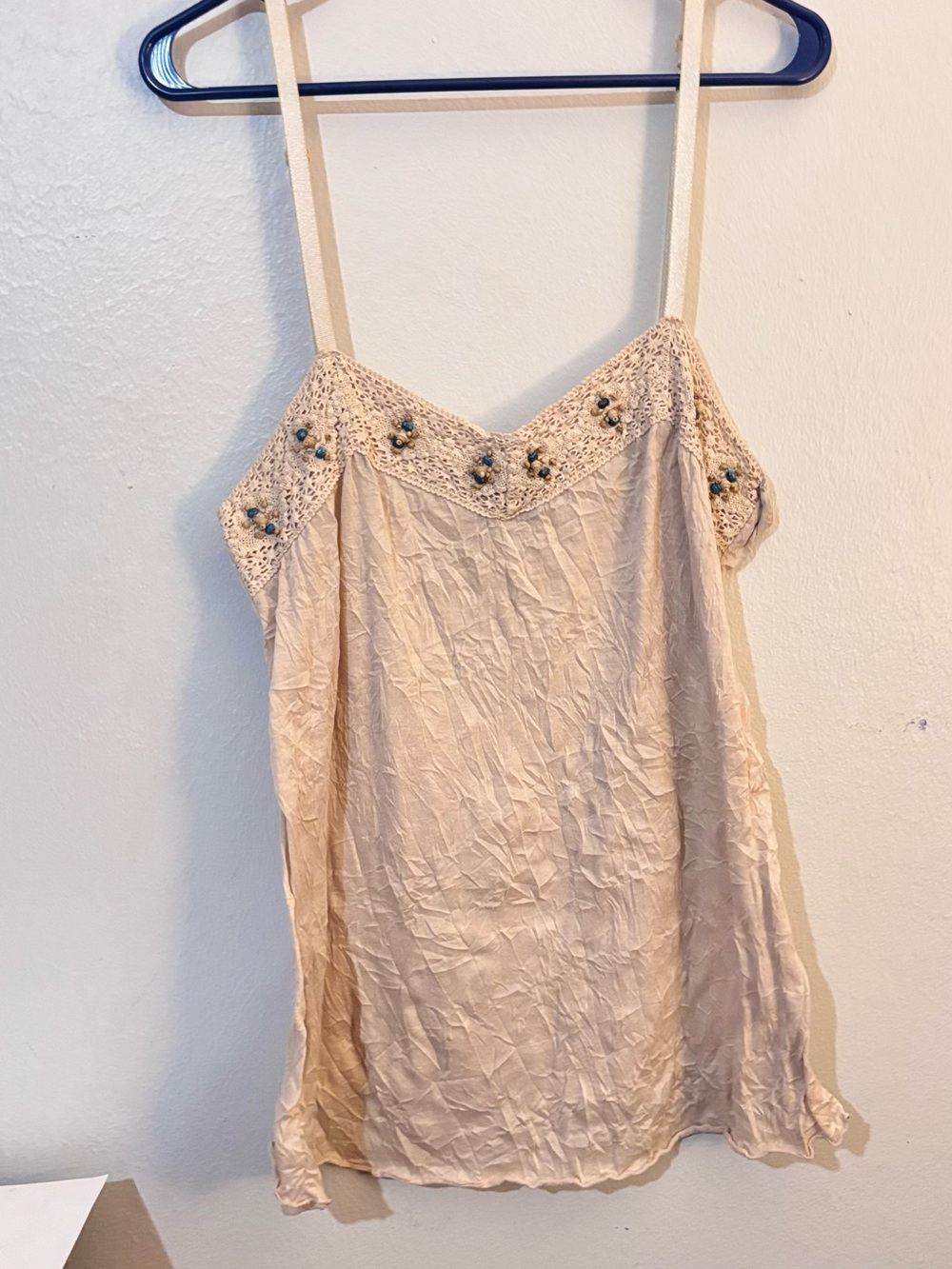 Beaded Crochet Trim Spaghetti Strap Women's Top - Cream